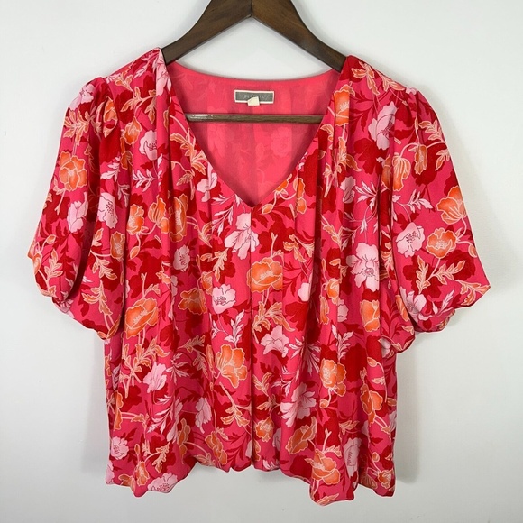 Pleione Blouse‎ Women L Pink Floral V-Neck Puff Sleeve Boho Coquette Romantic - Picture 1 of 6